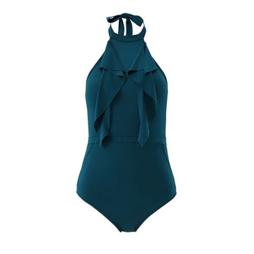 QUA VINO - [현재분류명] - 假日玻璃珠深绿色吊带领口连体泳衣