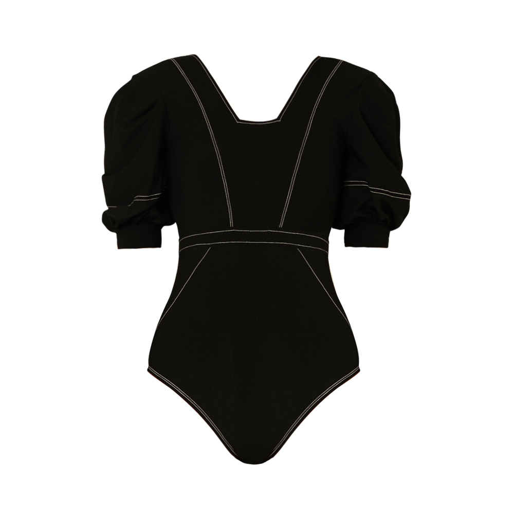 QUA VINO - [현재분류명] - 法式可乐黑色泡泡袖连体泳衣